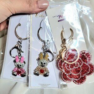 3 Rhinestone Charms / Keychains ~ 2 Teddy Bears & 1 Red Flower ~ ALL NEW